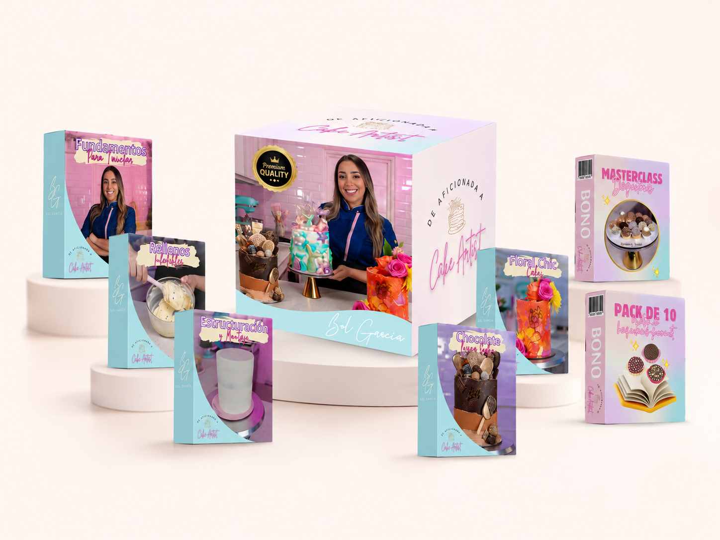 Mockup premium del programa De Aficionada a Cake Artist: caja principal, módulos y bonos de Mundo Pastelero