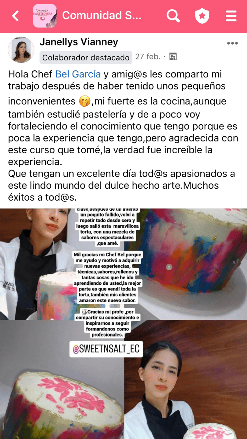 Captura real de Janellys Vianney mostrando sus pasteles abstractos de colores