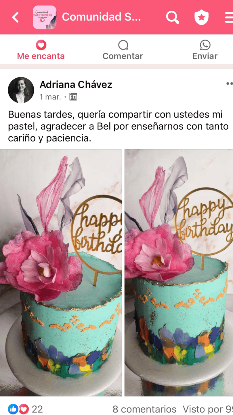 Captura real de la publicación de Adriana Chávez agradeciendo a Bel y mostrando su pastel verde agua con flor rosada