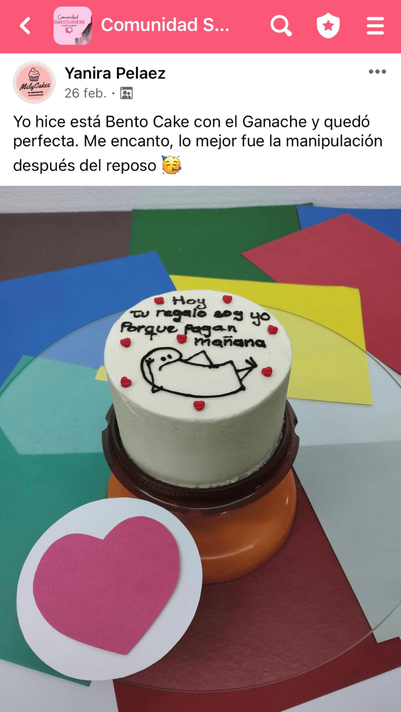 Captura real de Yanira Pelaez mostrando su bento cake elaborado con ganache