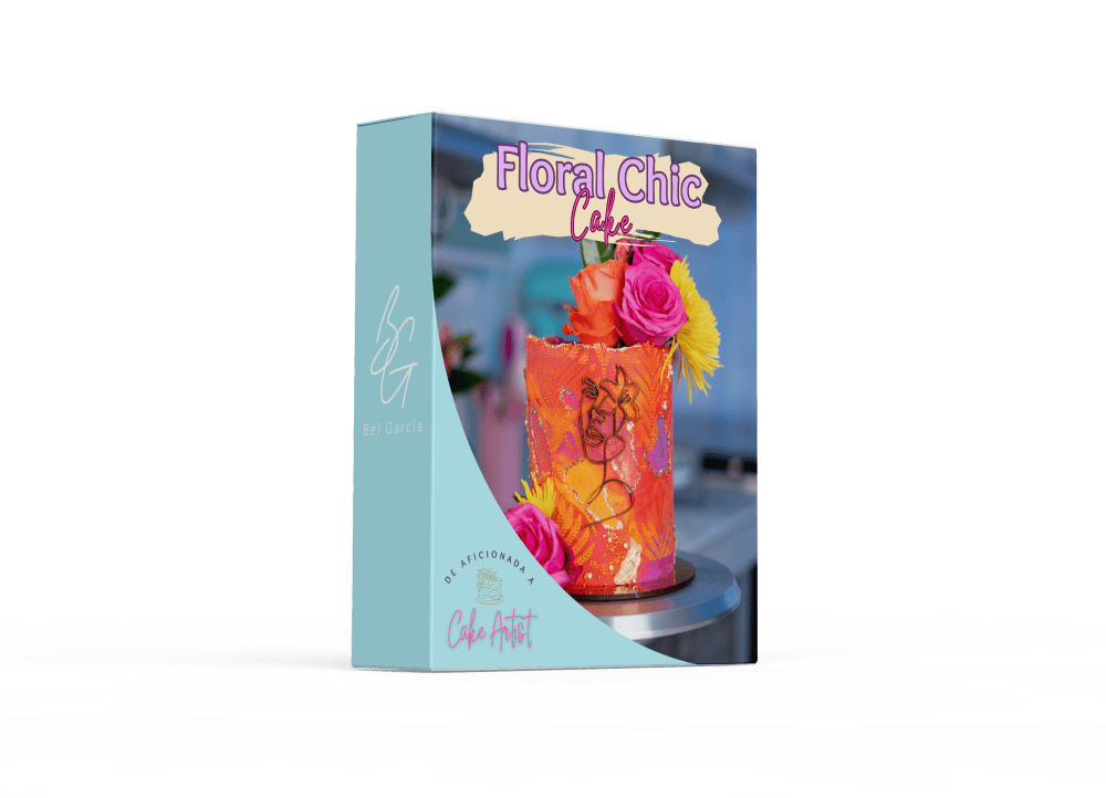 Mockup oficial del proyecto Floral Chic Cake: pastel artístico con stencil, texturas, flores y pan de oro