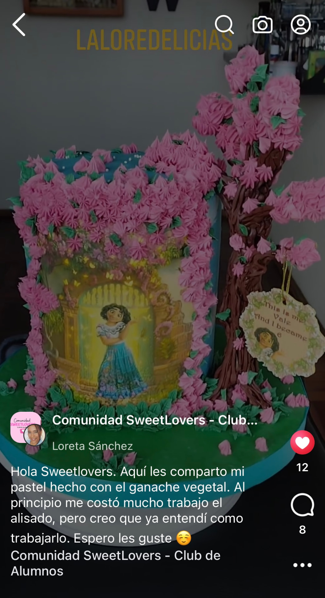 Captura real de Loreta Sánchez mostrando su pastel temático de Encanto