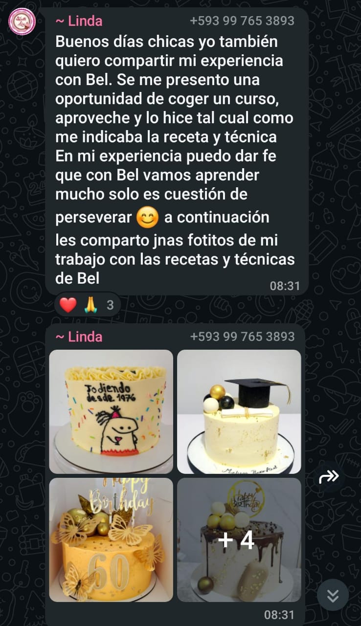 Captura real de una alumna compartiendo cuatro pasteles decorados con las técnicas del curso
